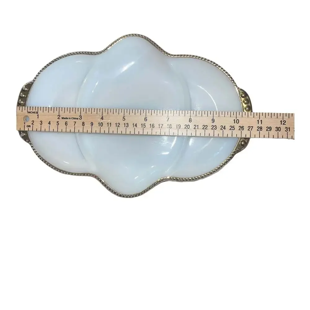 Vintage Fire-King Oven Ware White Milk Glass  Serving Dish with Gold Bead Trim